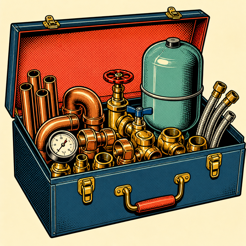 Open toolbox with fittings and expansion tank