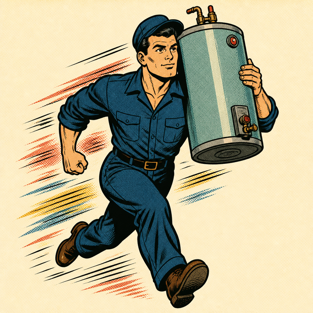 Tankman sprinting with a water heater