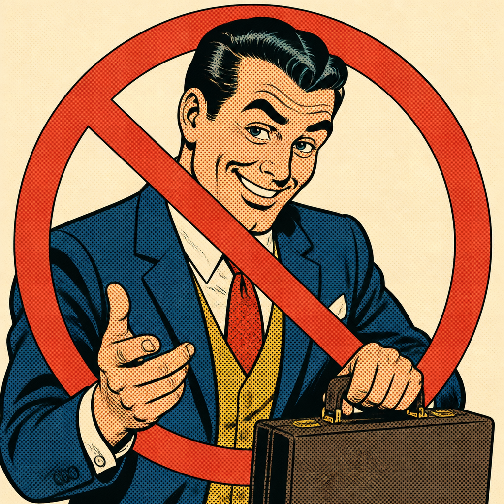 Pushy salesman with a red no symbol