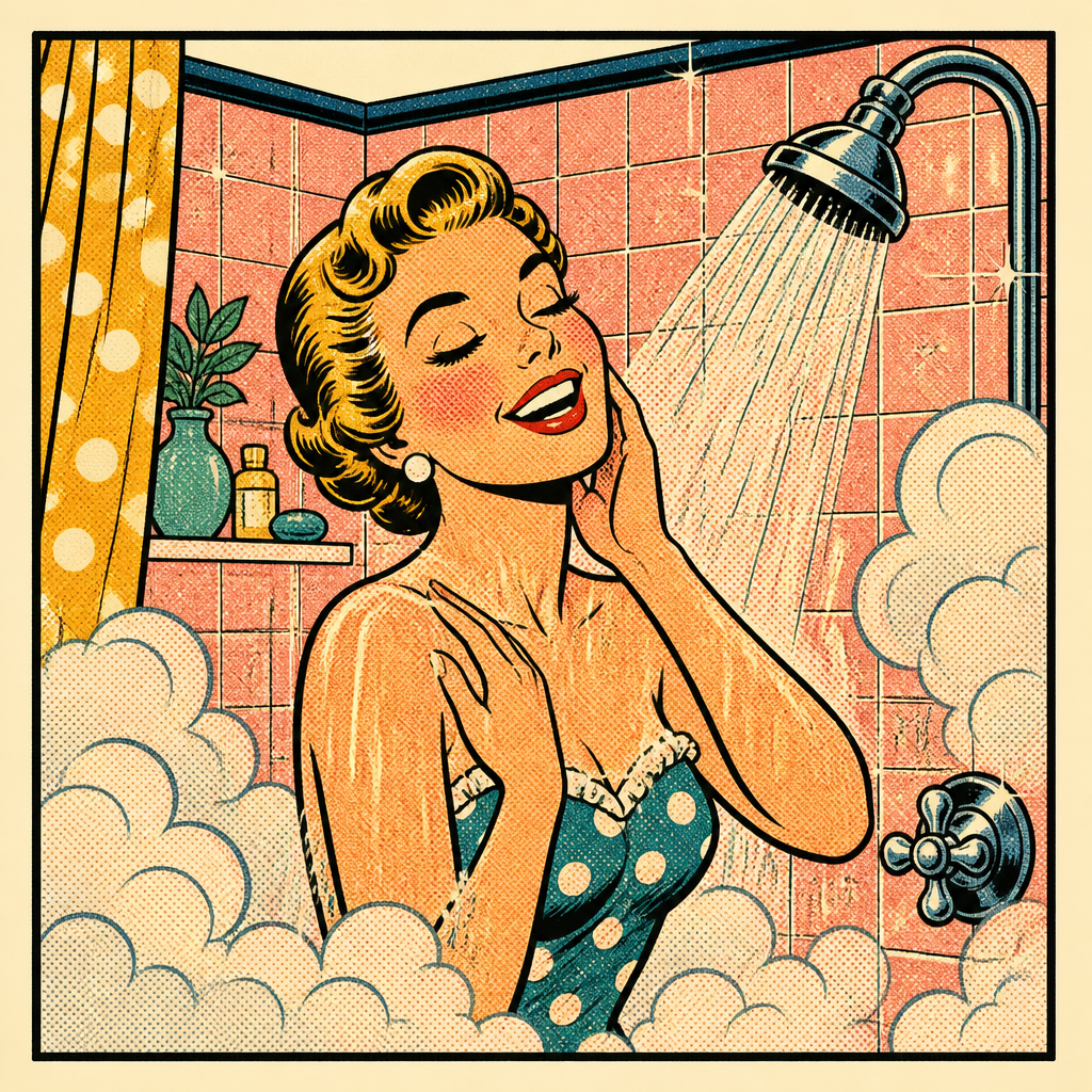 Happy 1950s housewife enjoying a hot shower