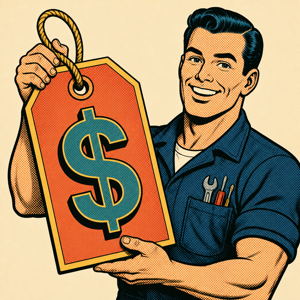 Technician holding a giant price tag